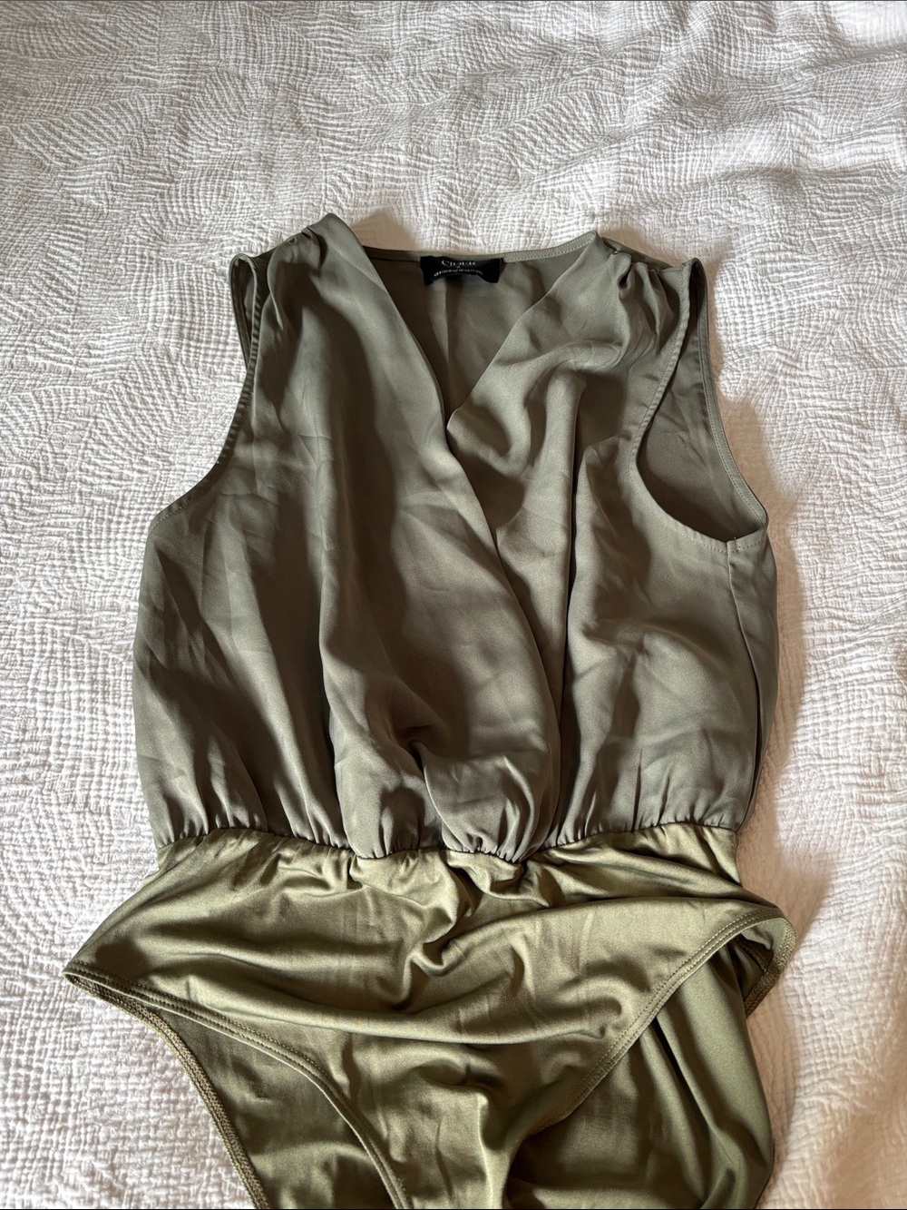 Cider Olive Green Sleeveless Wrap-Style Bodysuit